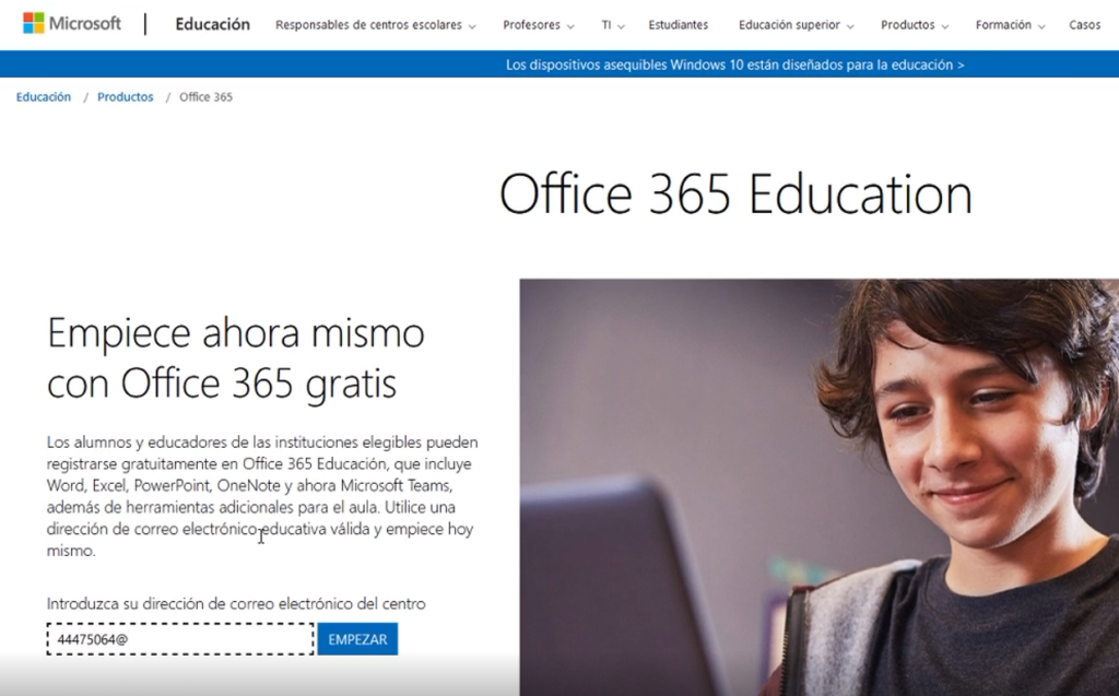 página web de office 365 para educación